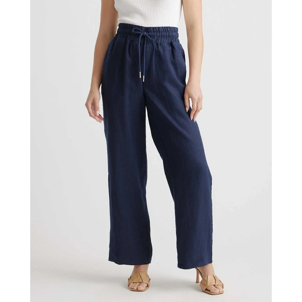 Quince Women's Size Small Navy Blue 100% European Linen Wide Leg Pants